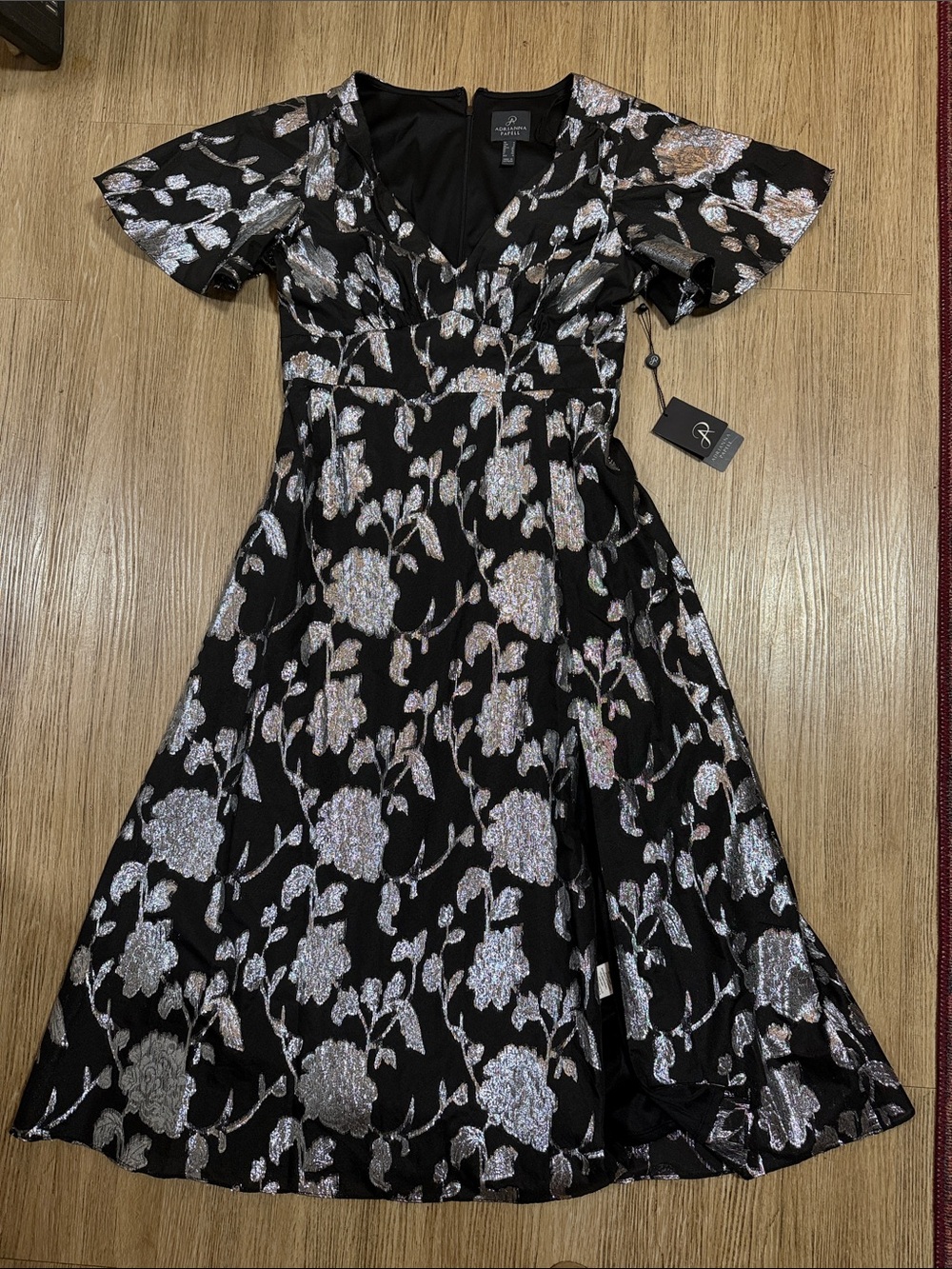 Adrianna Papell Black Dress with Silver Floral Metallic Jacquard size 4
